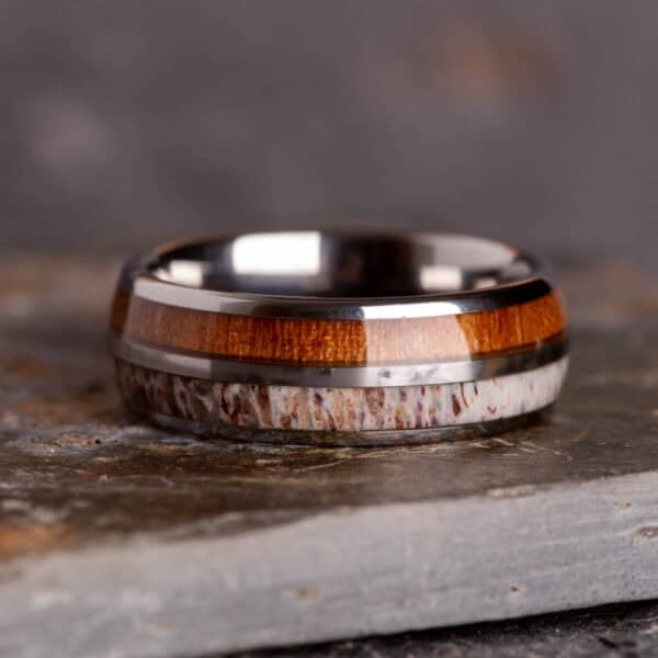 8mm Sustainable Koa Wood and Stag Antler Tungsten Ring - Royal Mile Silver