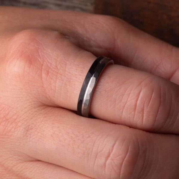 Hammered Brushed Silver and Black Tungsten Ring (4mm wide) - Royal mile Silver