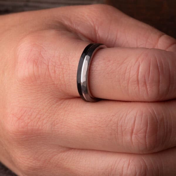 Hammered Brushed Silver and Black Tungsten Ring (4mm wide) - Royal mile Silver