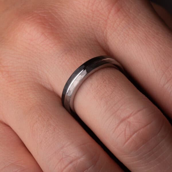 Hammered Brushed Silver and Black Tungsten Ring (4mm wide) - Royal mile Silver
