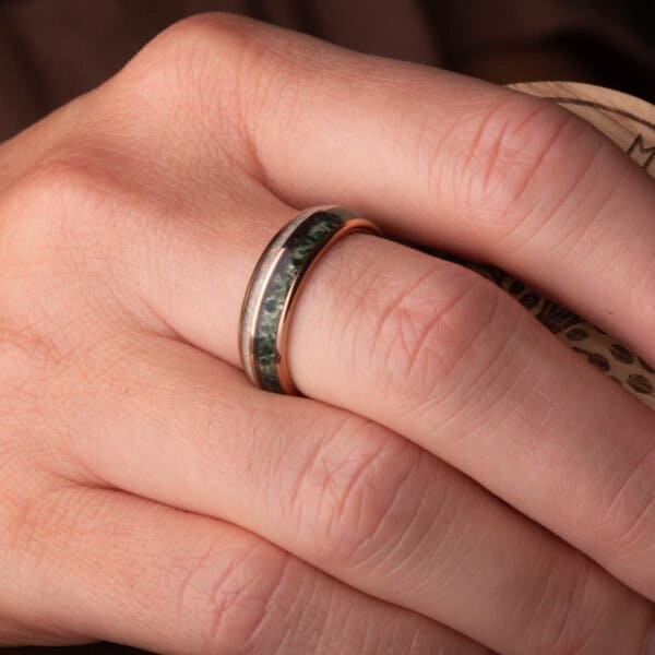 Rose Gold Moss Agate & White Opal Tungsten Ring (6mm wide) - Royal Mile Silver