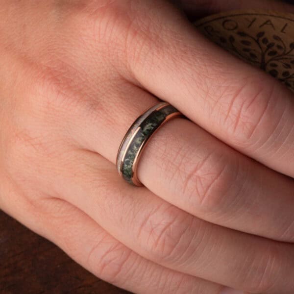 Rose Gold Moss Agate & White Opal Tungsten Ring (6mm wide) - Royal Mile Silver