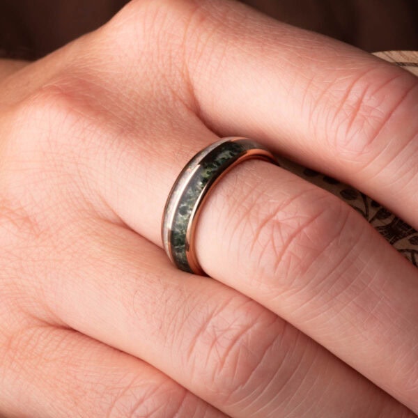 Rose Gold Moss Agate & White Opal Tungsten Ring (6mm wide) - Royal Mile Silver