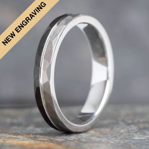 Engraved Hammered Brushed Silver and Black Tungsten Ring (4mm wide) - Royal Mile Silver