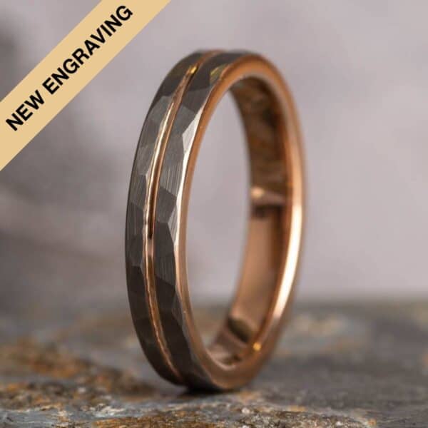 Engraved Hammered Silver Tungsten Ring with Rose Gold Accent (4mm wide) - Royal Mile Silver