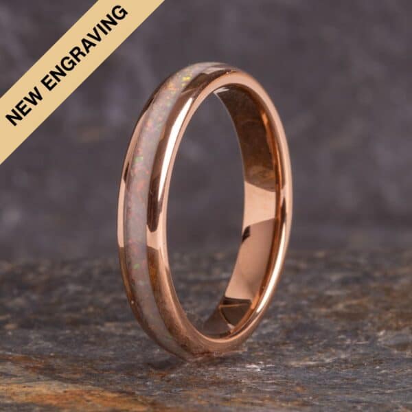 Engraved Rose Gold & White Opal Tungsten Ring (4mm wide) - Royal Mile Silver