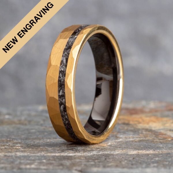 Engraved Hammered Gold Meteorite Tungsten Ring (6mm wide) - Royal Mile Silver