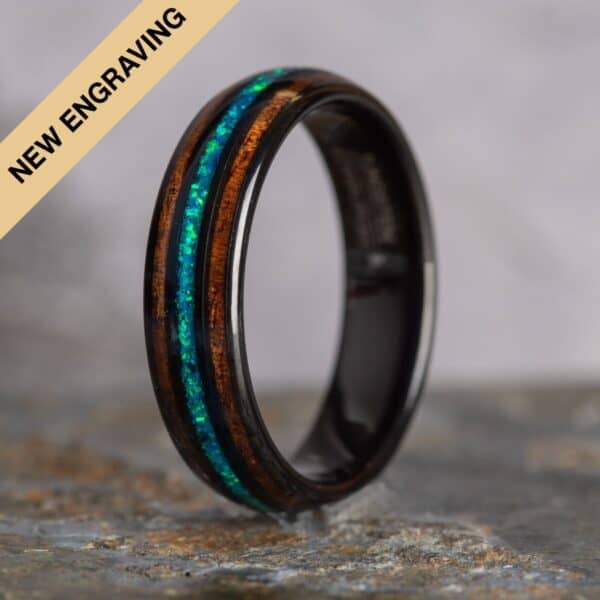 Engraved Opal and Koa Wood Black Tungsten Ring (6mm wide) - Royal Mile Silver