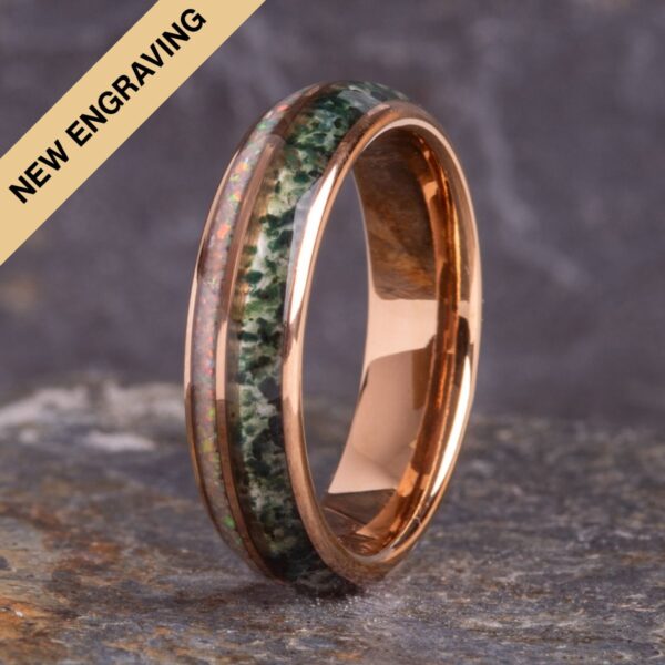 Engraved Rose Gold Moss Agate & White Opal Tungsten Ring (6mm wide) - Royal Mile Silver