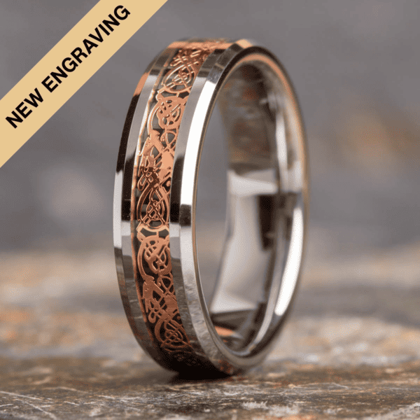 Engraved Rose Gold Celtic Dragon Tungsten Ring (6mm wide) - Royal Mile Silver