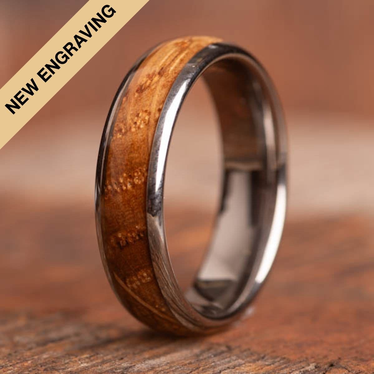 Engraved Whisky Barrel Wood Tungsten Ring (6mm wide) - Royal Mile Silver