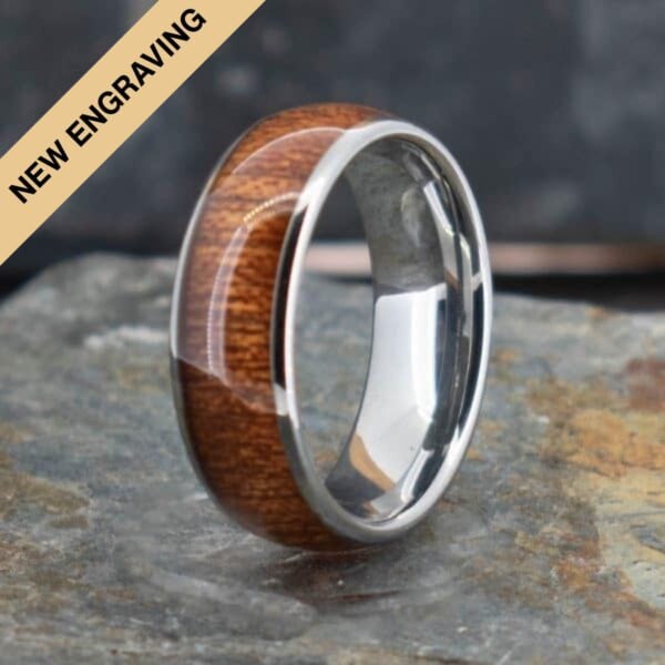 Engraved Silver Koa Wood Tungsten Ring (8mm wide) - Royal Mile Silver