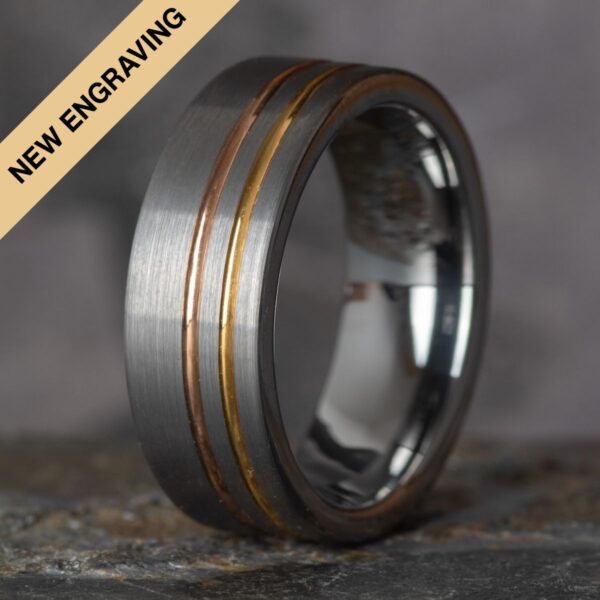 Engraved Brushed Silver Tungsten Ring with Gold and Rose Gold (8mm wide) - Royal Mile Silver