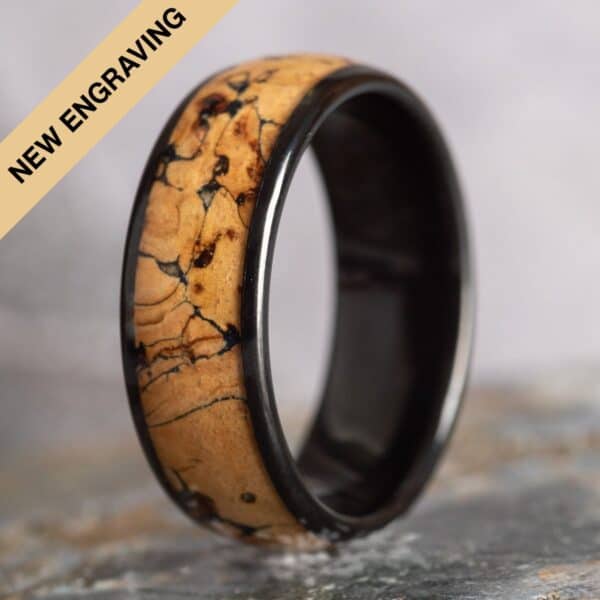 Engraved Wine Cork Wood Black Tungsten Ring (8mm wide) - Royal Mile Silver