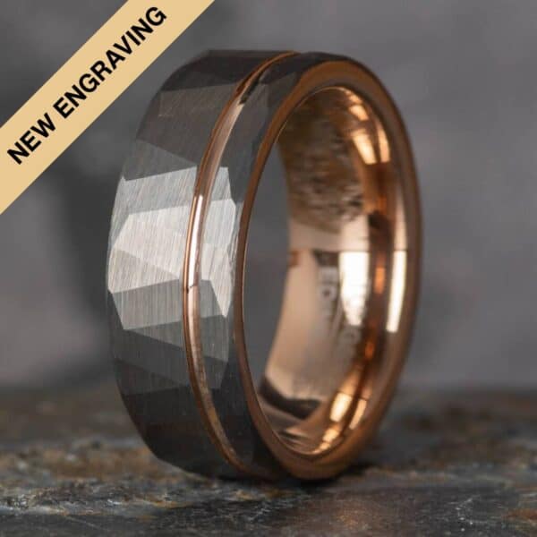 Engraved Hammered Silver Tungsten Ring with Rose Gold Accent (8mm wide) - Royal Mile Silver