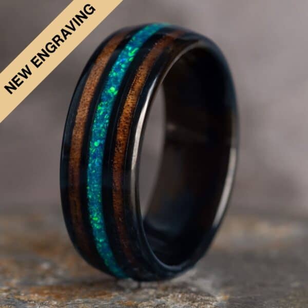 Engraved Opal and Koa Wood Black Tungsten Ring (8mm wide) - Royal Mile Silver