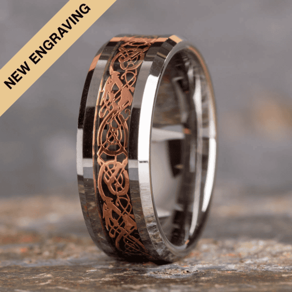 Engraved Rose Gold Celtic Dragon Tungsten Ring (8mm wide) - Royal Mile Silver