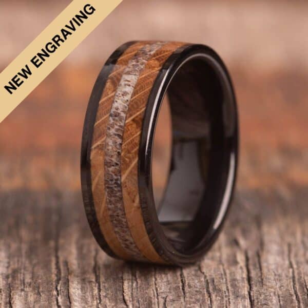 Engraved Whisky Barrel Wood and Stag Antler Black Tungsten Ring (8mm wide) - Royal Mile Silver