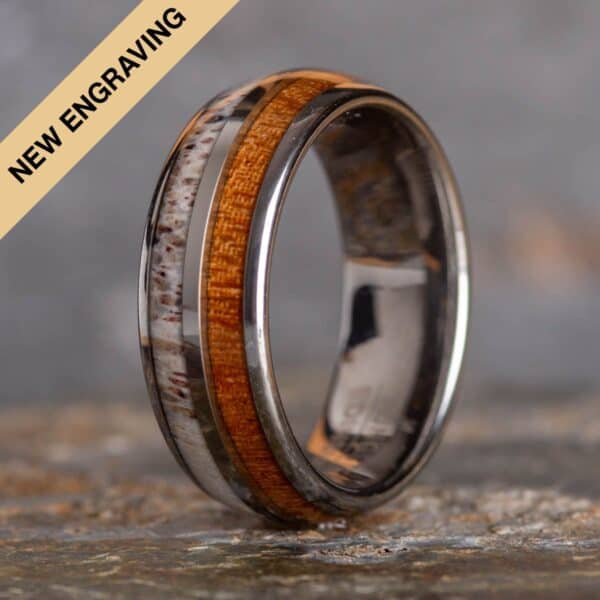Royal Mile Silver - Engraved Sustainable Koa Wood and Stag Antler Tungsten Ring (8mm wide) - Royal Mile Silver