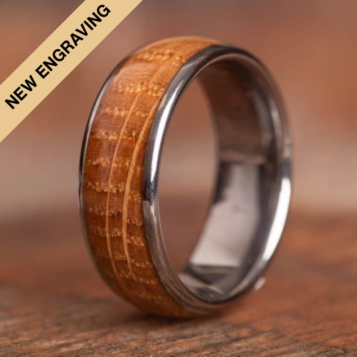 Engraved Whisky Barrel Wood Tungsten Carbide Ring (8mm wide) - Royal Mile Silver