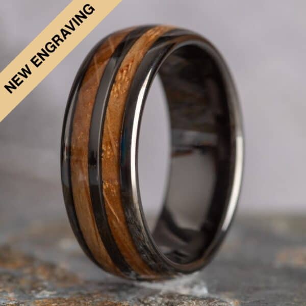 Engraved Whisky Barrel Wood Gunmetal Tungsten Ring (8mm wide) - Royal Mile Silver