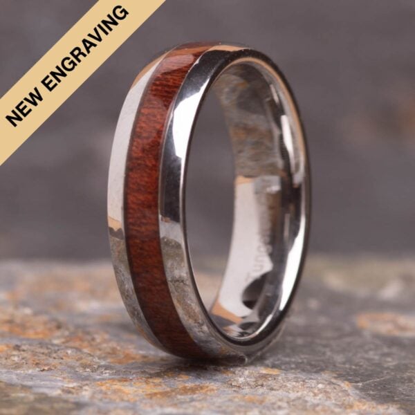 Engraved Sustainable Koa Wood Ring (6mm wide) - Royal Mile Silver
