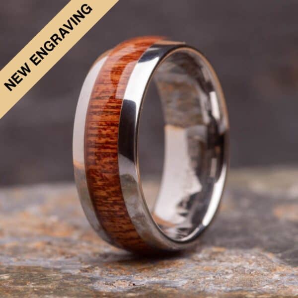 Engraved Sustainable Koa Wood Tungsten Ring (8mm wide) - Royal Mile Silver