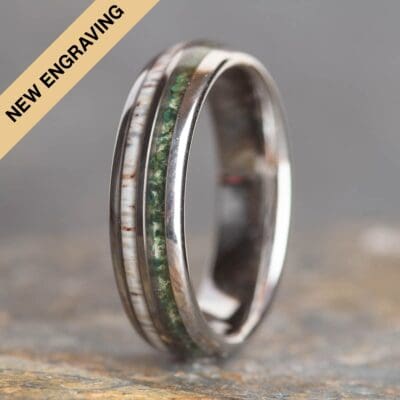 Moss Agate and Stag Antler Silver Tungsten Ring (6mm wide) - Royal Mile Silver