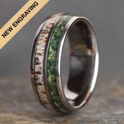 Moss Agate and Stag Antler Silver Tungsten Ring - Royal Mile Silver