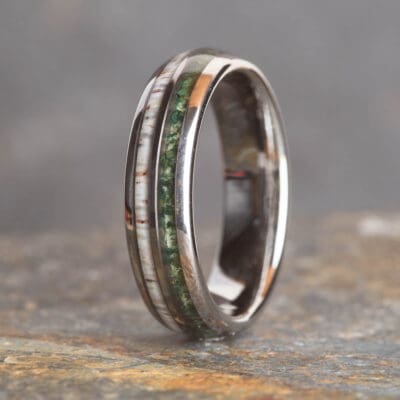 Moss Agate and Stag Antler Silvder Tungsten Ring (6mm wide) - Royal Mile Silver