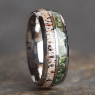Moss Agate and Stag Antler Silver Tungsten Ring - Royal Mile Silver